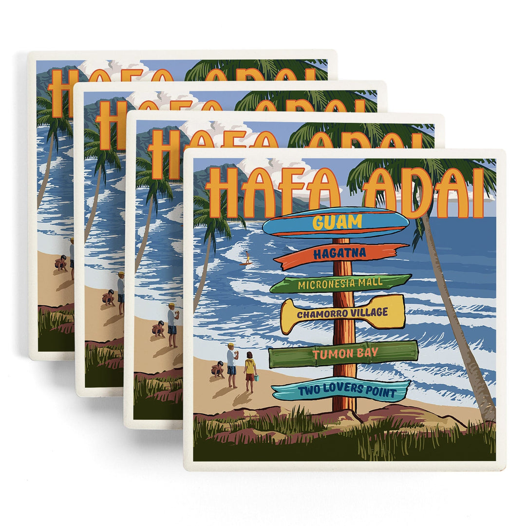 Hafa Adai, Guam, Destination Signpost, Lantern Press Artwork, Coaster Set - Lantern Press