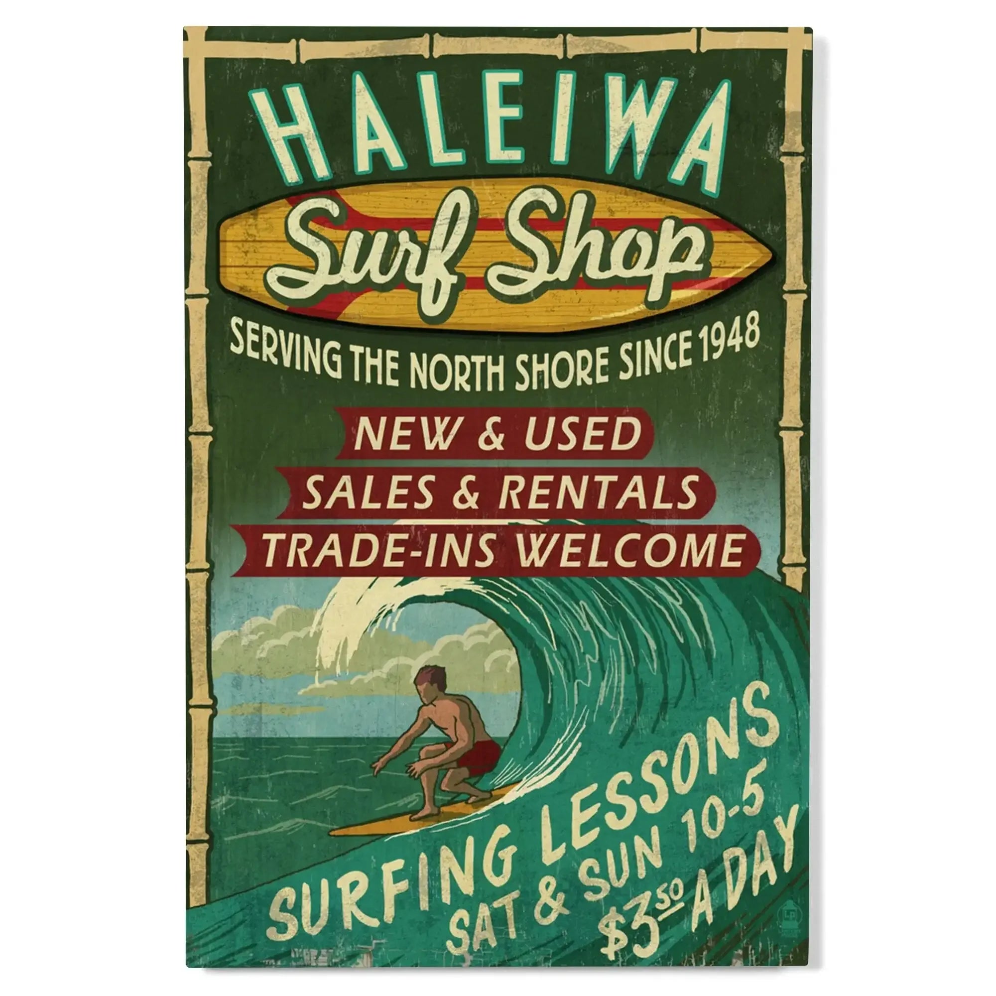 Haleiwa, Hawaii, Surf Shop Vintage Sign, Lantern Press Artwork, Wood S