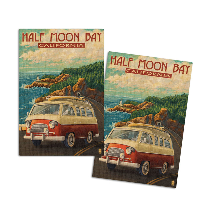 Half Moon Bay, California, Camper Van, Lantern Press Artwork, Wood Signs and Postcards Wood Lantern Press 4x6 Wood Postcard Set 
