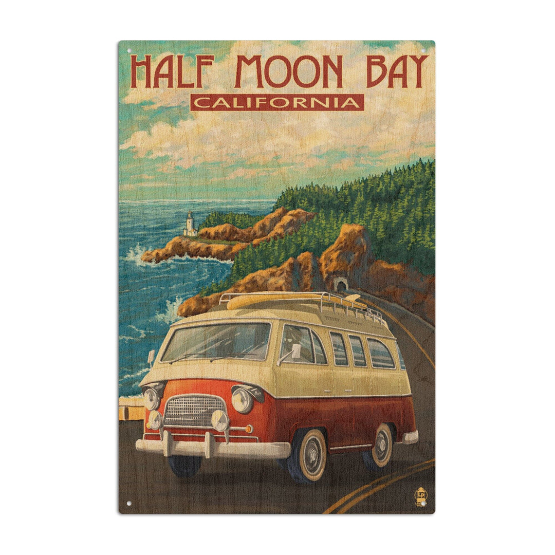 Half Moon Bay, California, Camper Van, Lantern Press Artwork, Wood Signs and Postcards Wood Lantern Press 6x9 Wood Sign 
