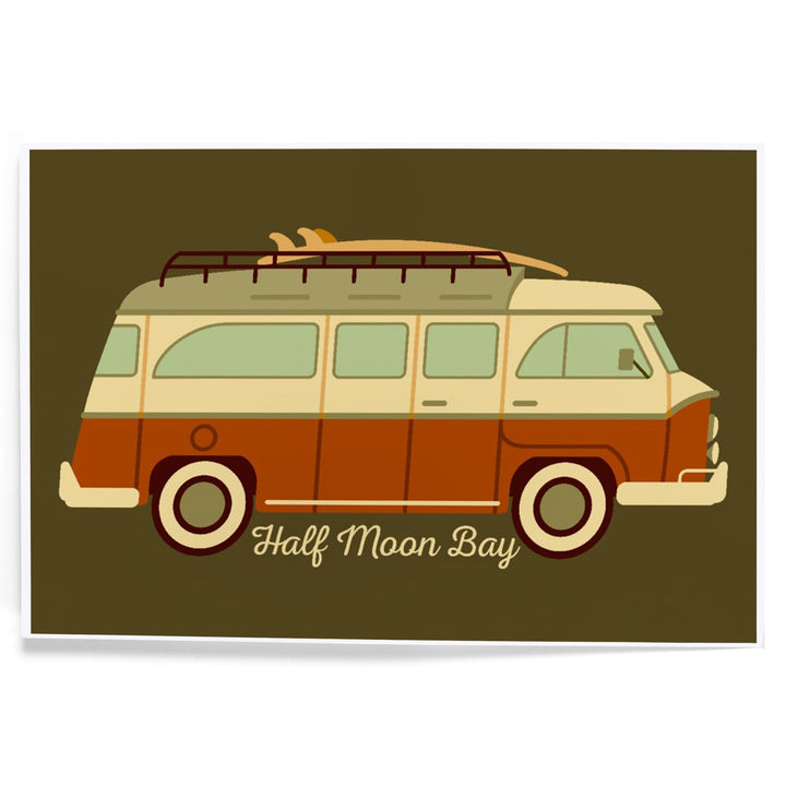 Half Moon Bay, California, Camper Van with Surfboard, Geometric, Art & Giclee Prints Art Lantern Press 