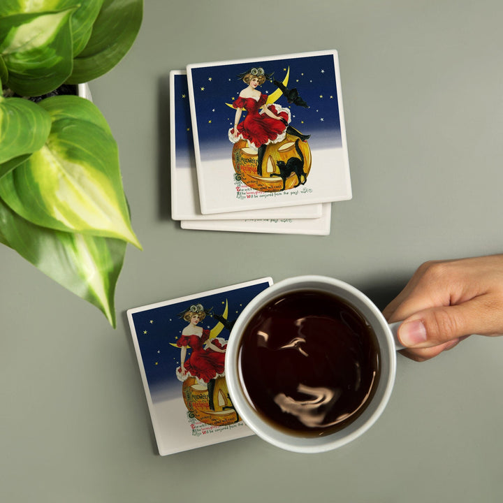Halloween Greetings Woman on Jack-o-Lantern, Vintage Holiday Art, Coasters Coasters Lantern Press 