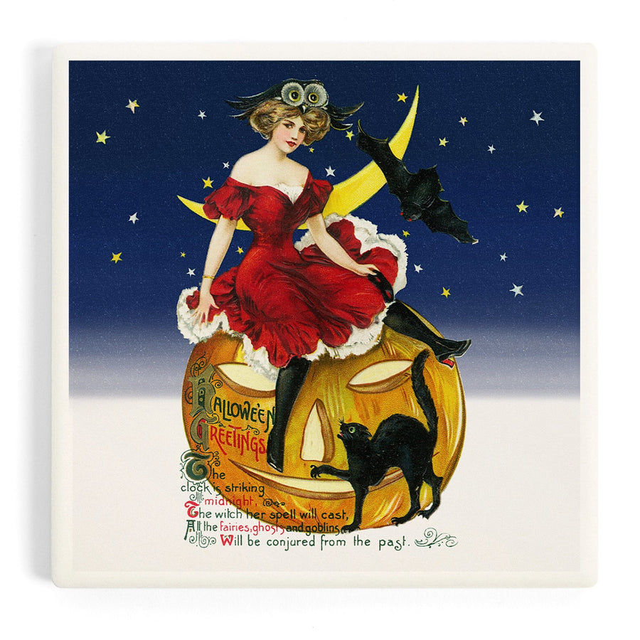 Halloween Greetings Woman on Jack-o-Lantern, Vintage Holiday Art, Coasters Coasters Lantern Press 