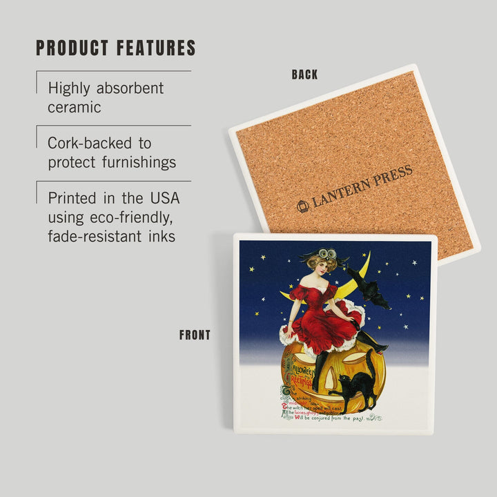 Halloween Greetings Woman on Jack-o-Lantern, Vintage Holiday Art, Coasters Coasters Lantern Press 