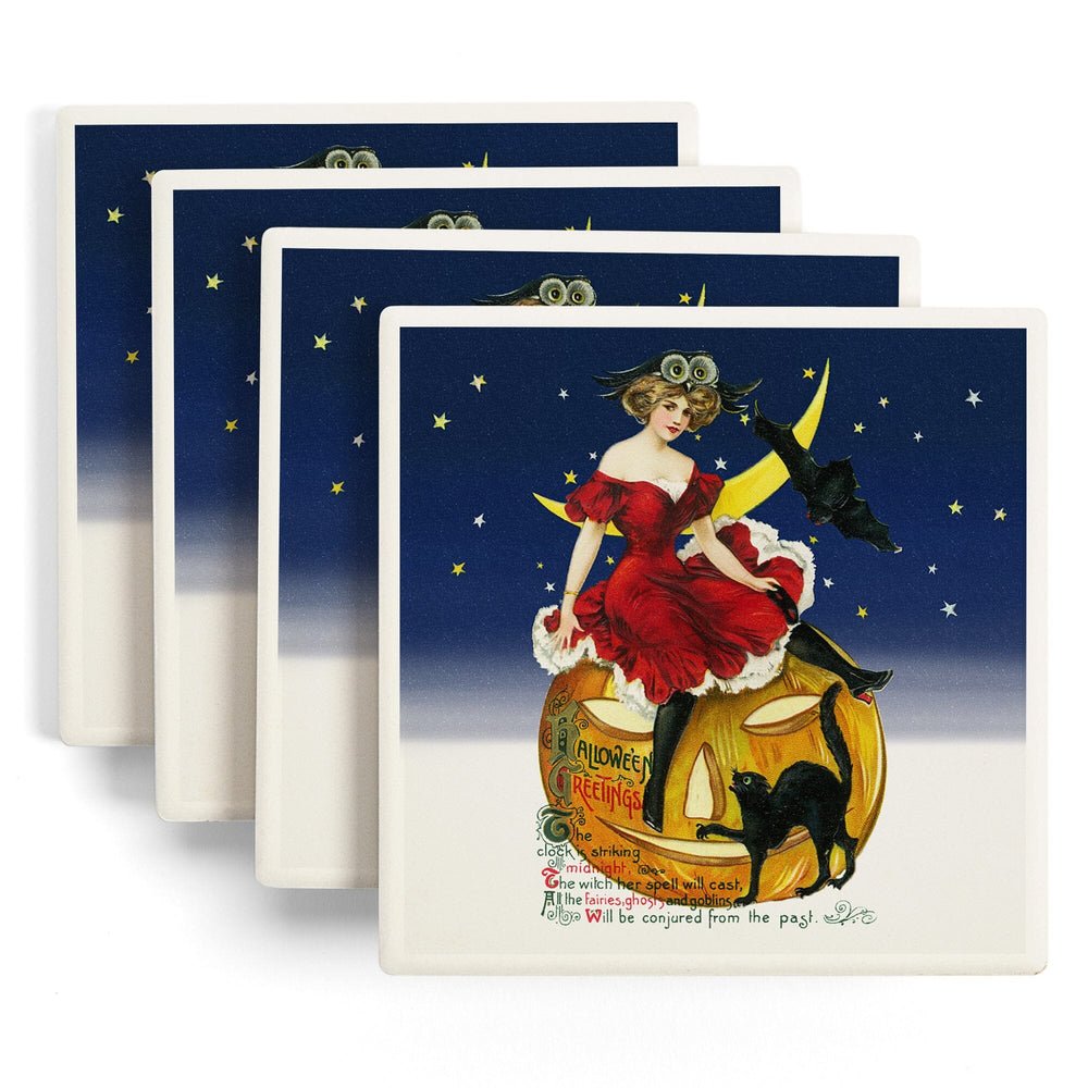 Halloween Greetings Woman on Jack-o-Lantern, Vintage Holiday Art, Coasters Coasters Lantern Press 