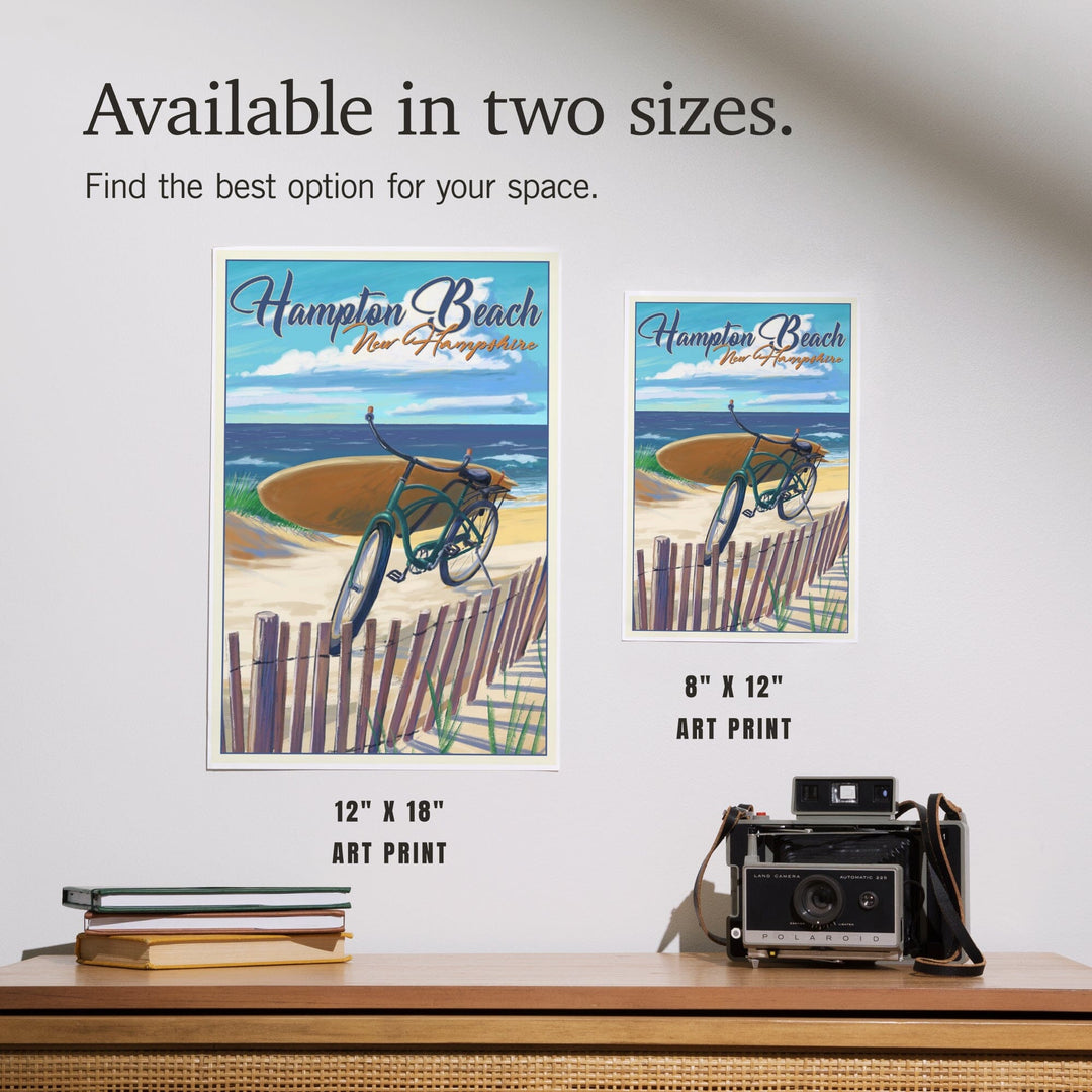 Hampton Beach, New Hampshire, Beach Cruiser and Surfboard on Beach, Art & Giclee Prints Art Lantern Press 