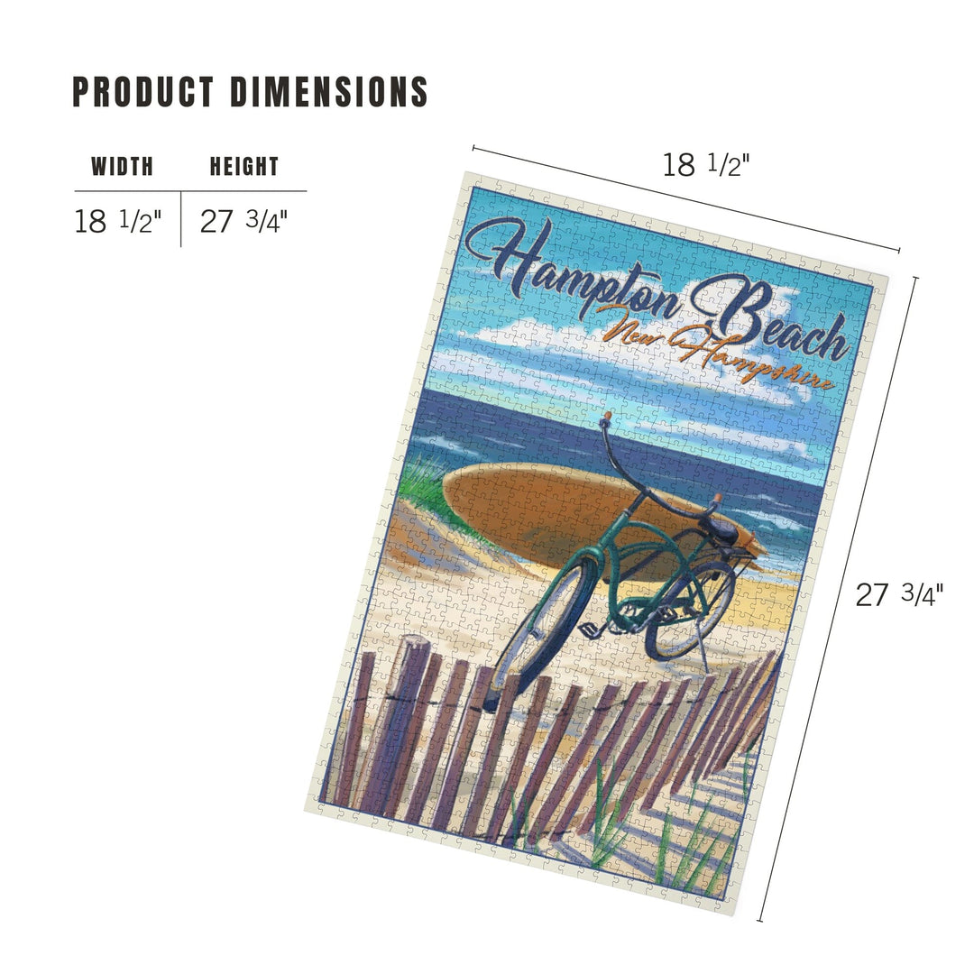 Hampton Beach, New Hampshire, Beach Cruiser and Surfboard on Beach, Jigsaw Puzzle Puzzle Lantern Press 