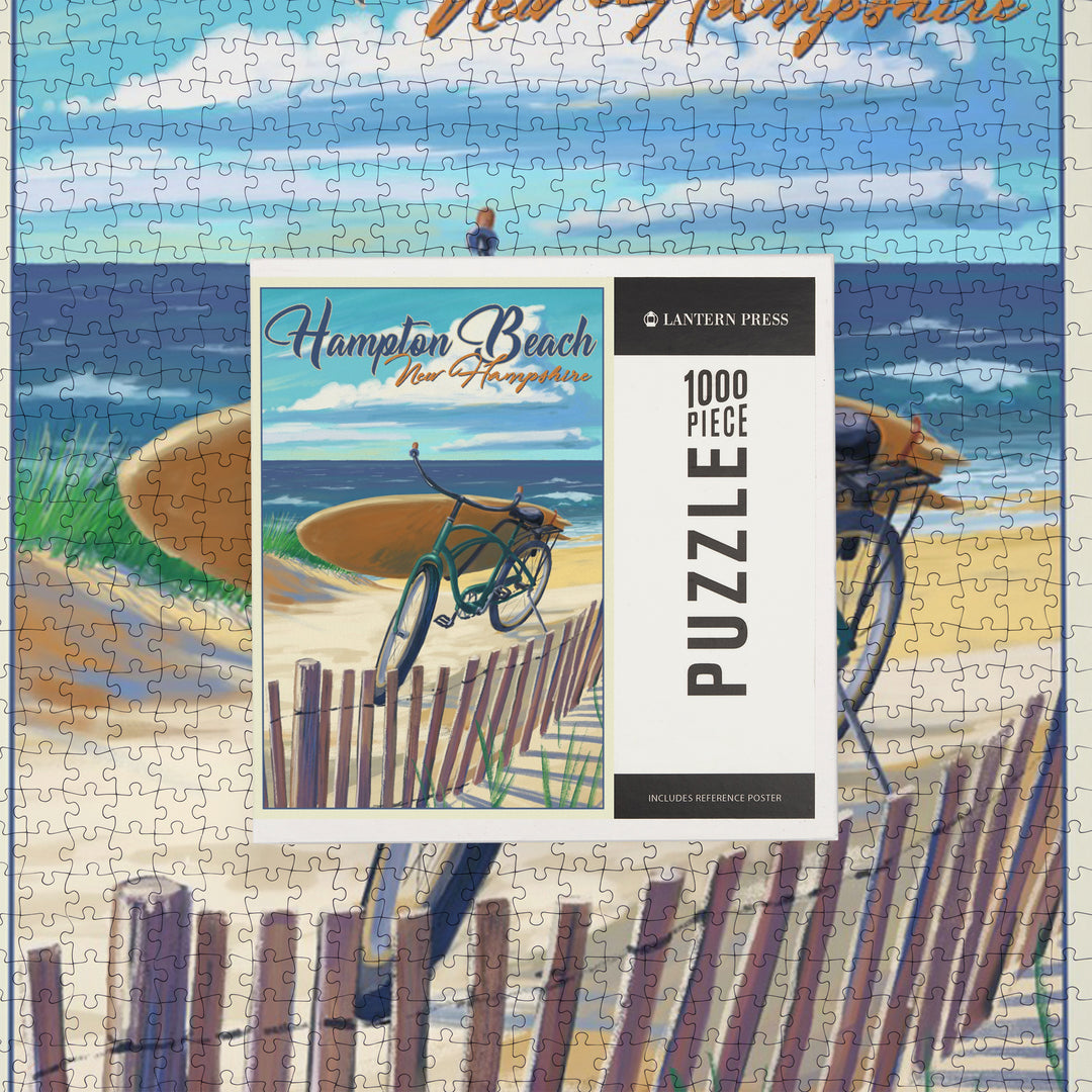 Hampton Beach, New Hampshire, Beach Cruiser and Surfboard on Beach, Jigsaw Puzzle Puzzle Lantern Press 