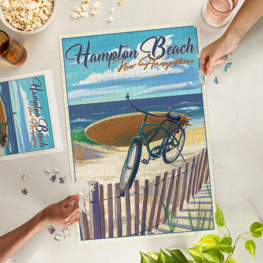 Hampton Beach, New Hampshire, Beach Cruiser and Surfboard on Beach, Jigsaw Puzzle Puzzle Lantern Press 