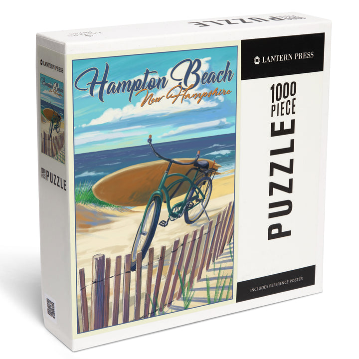 Hampton Beach, New Hampshire, Beach Cruiser and Surfboard on Beach, Jigsaw Puzzle Puzzle Lantern Press 