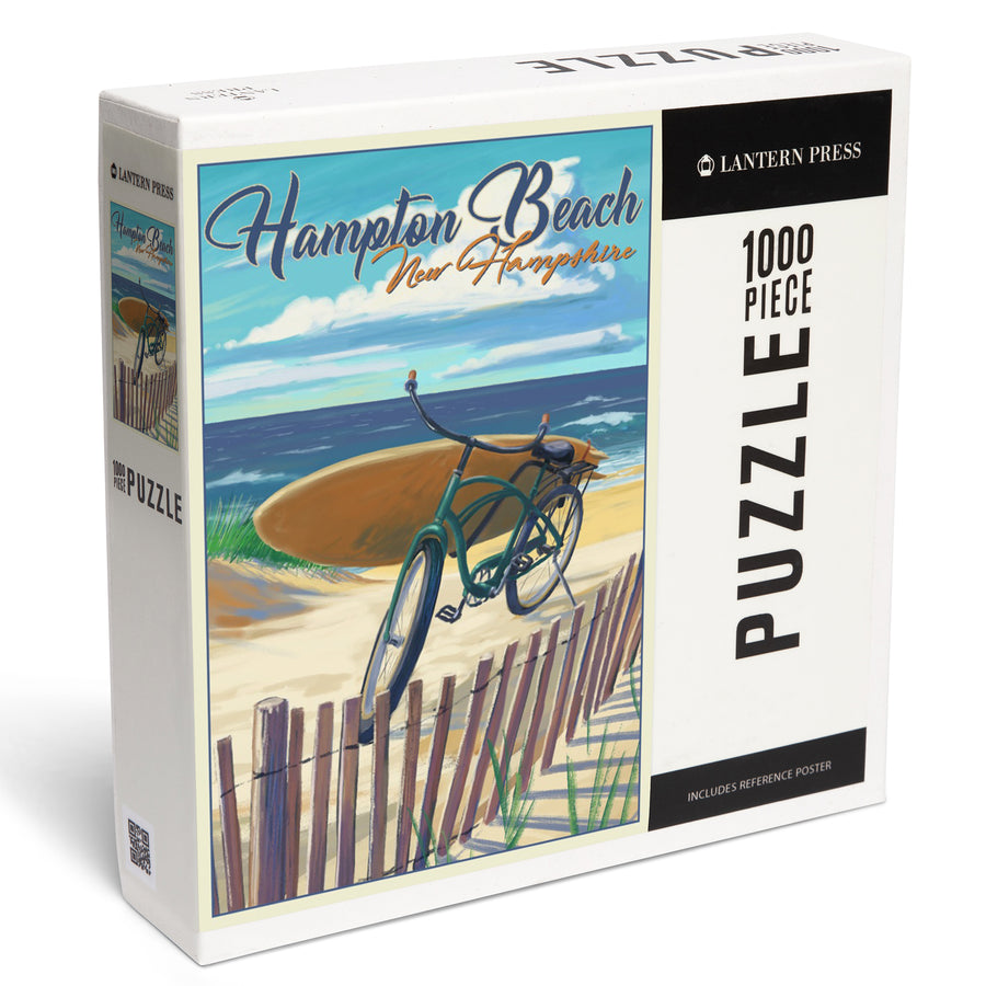 Hampton Beach, New Hampshire, Beach Cruiser and Surfboard on Beach, Jigsaw Puzzle Puzzle Lantern Press 