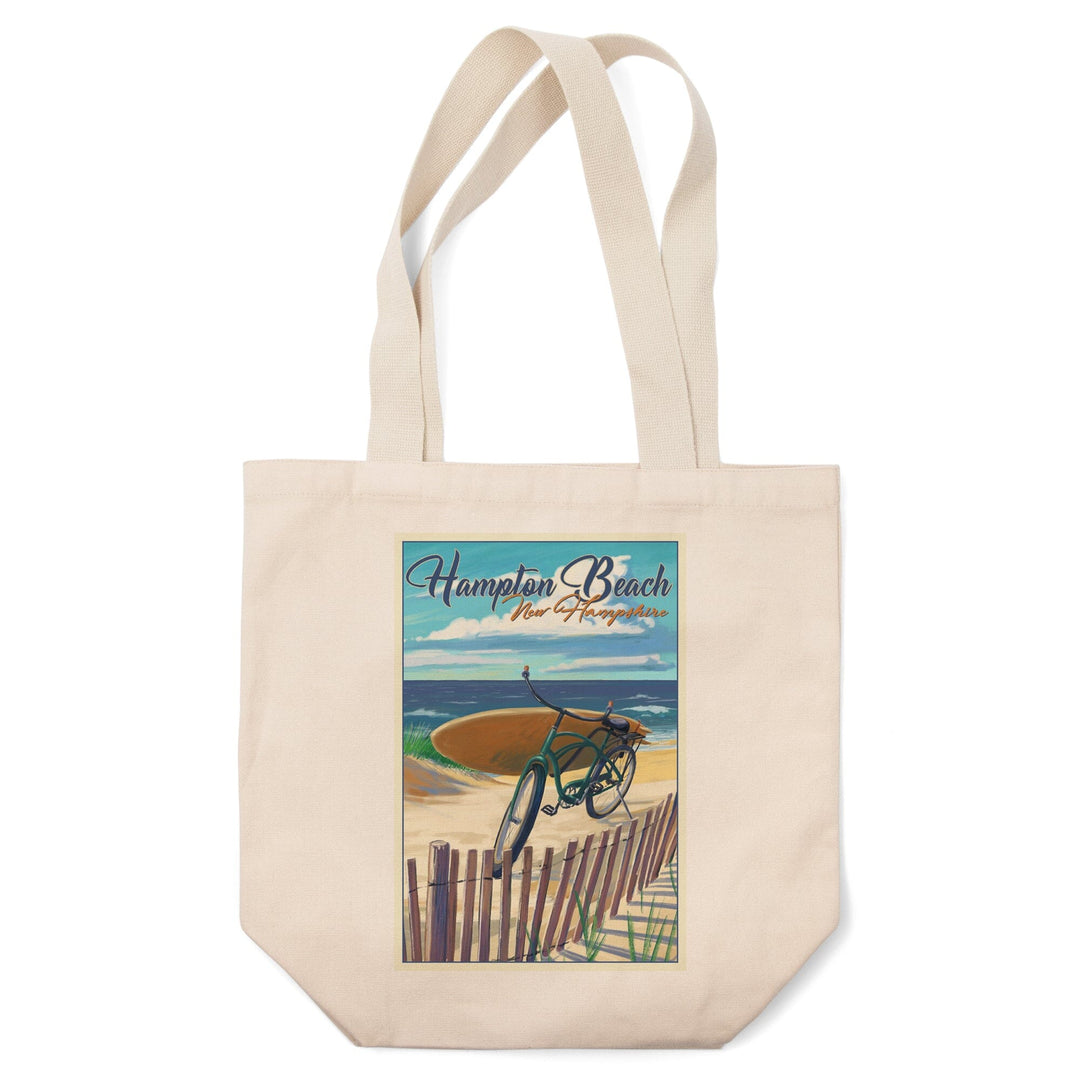 Hampton Beach, New Hampshire, Beach Cruiser & Surfboard on Beach, Lantern Press Artwork, Tote Bag - Lantern Press