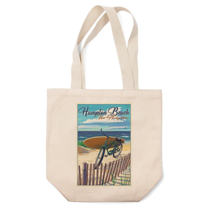 Hampton Beach, New Hampshire, Beach Cruiser & Surfboard on Beach, Lantern Press Artwork, Tote Bag - Lantern Press