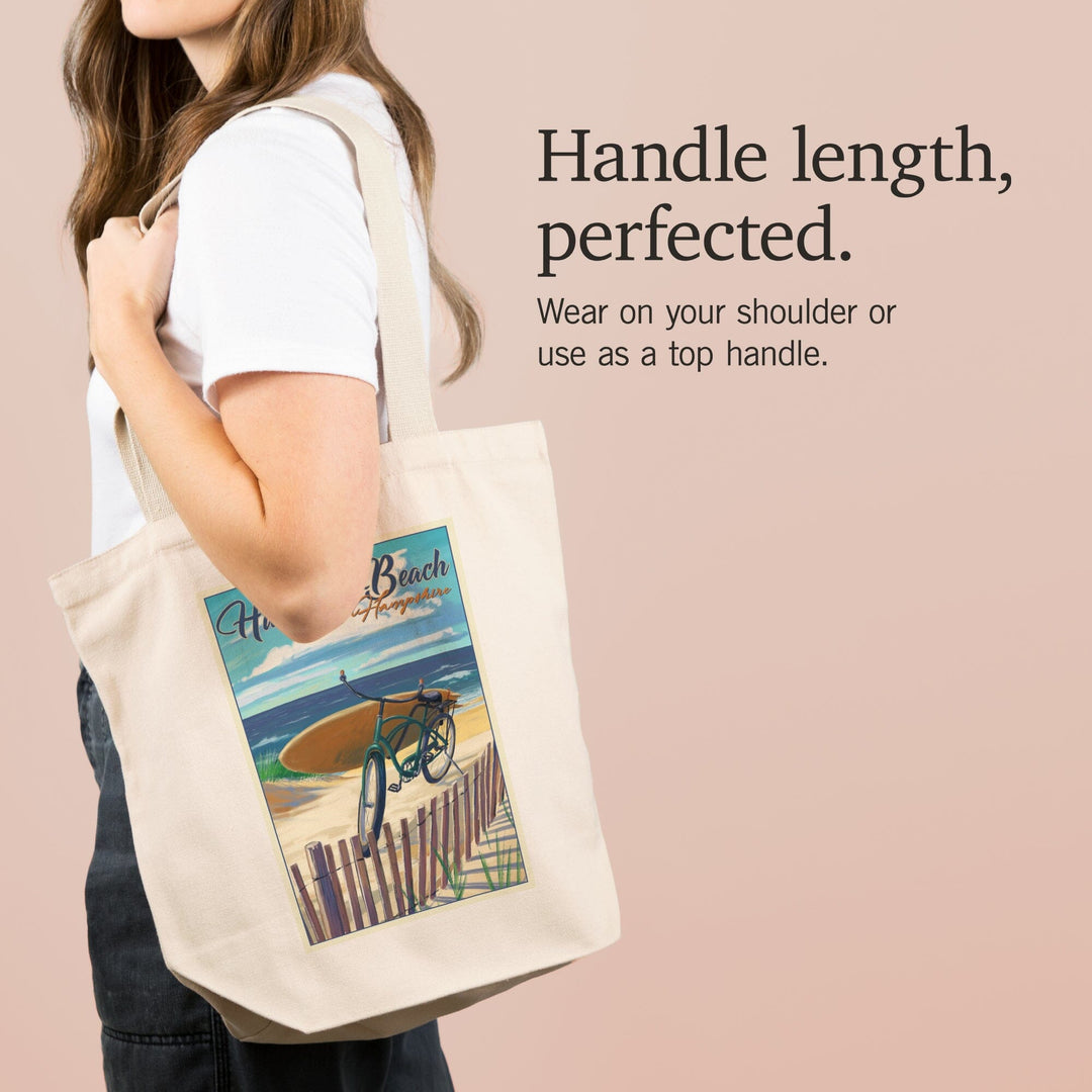 Hampton Beach, New Hampshire, Beach Cruiser & Surfboard on Beach, Lantern Press Artwork, Tote Bag - Lantern Press