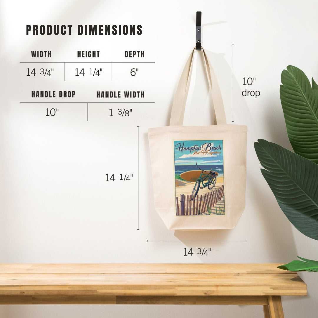 Hampton Beach, New Hampshire, Beach Cruiser & Surfboard on Beach, Lantern Press Artwork, Tote Bag - Lantern Press