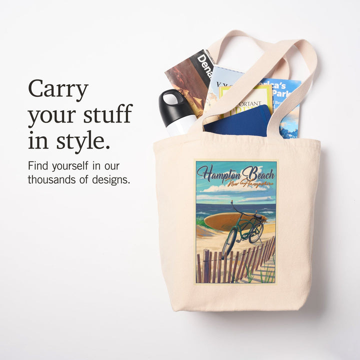 Hampton Beach, New Hampshire, Beach Cruiser & Surfboard on Beach, Lantern Press Artwork, Tote Bag Totes Lantern Press 