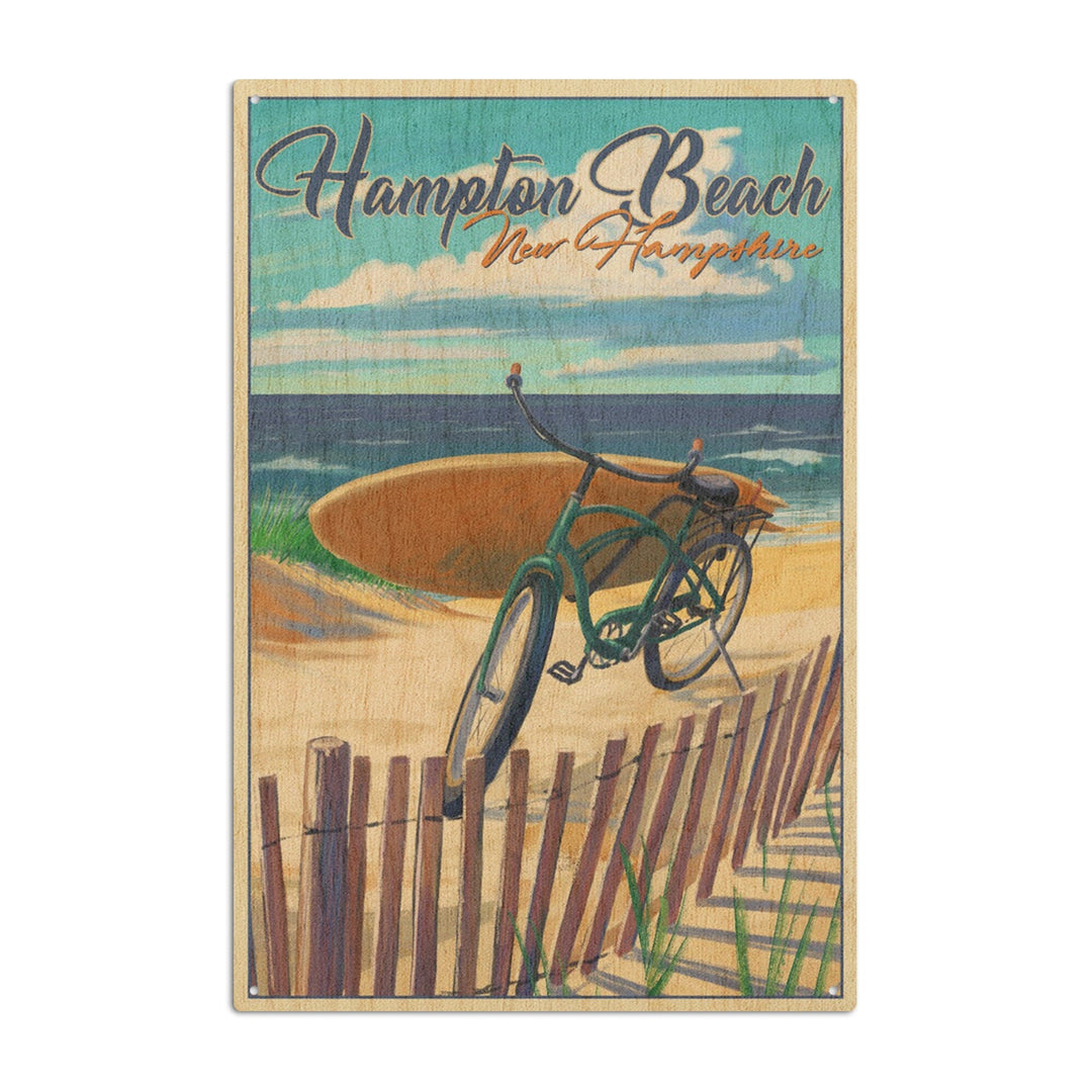 Hampton Beach, New Hampshire, Beach Cruiser & Surfboard on Beach, Lantern Press Artwork, Wood Signs and Postcards Wood Lantern Press 10 x 15 Wood Sign 