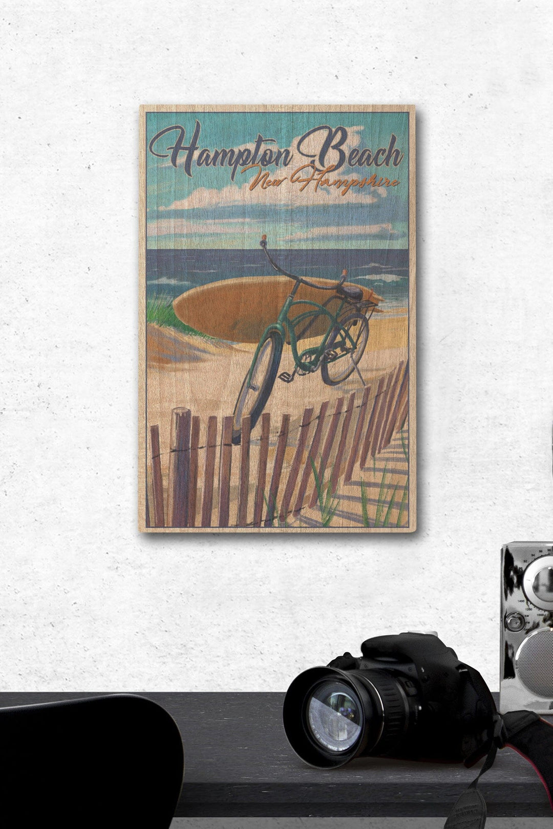 Hampton Beach, New Hampshire, Beach Cruiser & Surfboard on Beach, Lantern Press Artwork, Wood Signs and Postcards Wood Lantern Press 12 x 18 Wood Gallery Print 