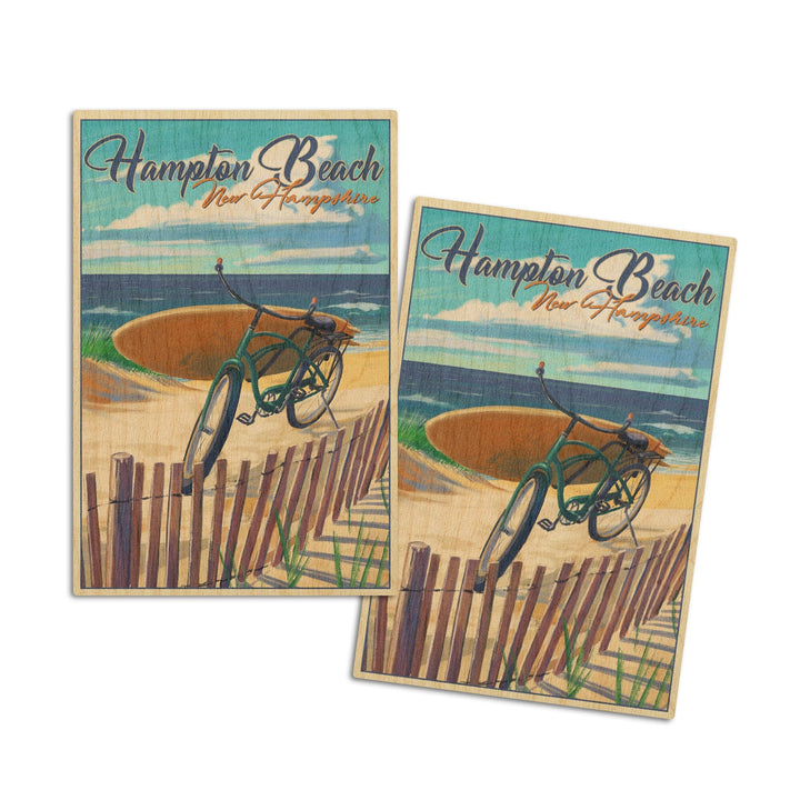 Hampton Beach, New Hampshire, Beach Cruiser & Surfboard on Beach, Lantern Press Artwork, Wood Signs and Postcards Wood Lantern Press 4x6 Wood Postcard Set 