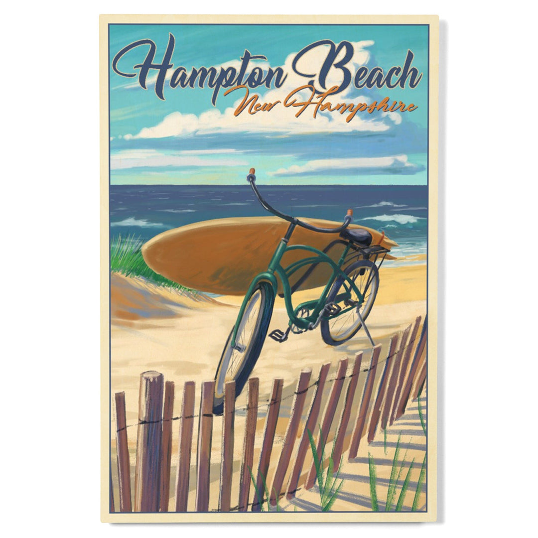 Hampton Beach, New Hampshire, Beach Cruiser & Surfboard on Beach, Lantern Press Artwork, Wood Signs and Postcards Wood Lantern Press 
