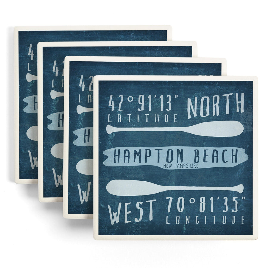 Hampton Beach, New Hampshire, Beach Essentials, Latitude & Longitude, Lantern Press Artwork, Coaster Set - Lantern Press