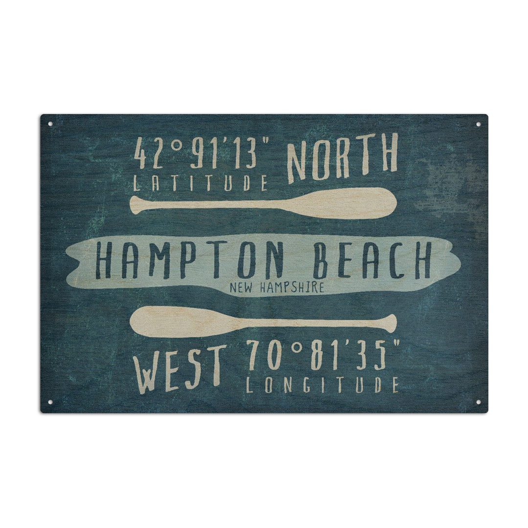 Hampton Beach, New Hampshire, Beach Essentials, Latitude & Longitude, Lantern Press Artwork, Wood Signs and Postcards Wood Lantern Press 6x9 Wood Sign 