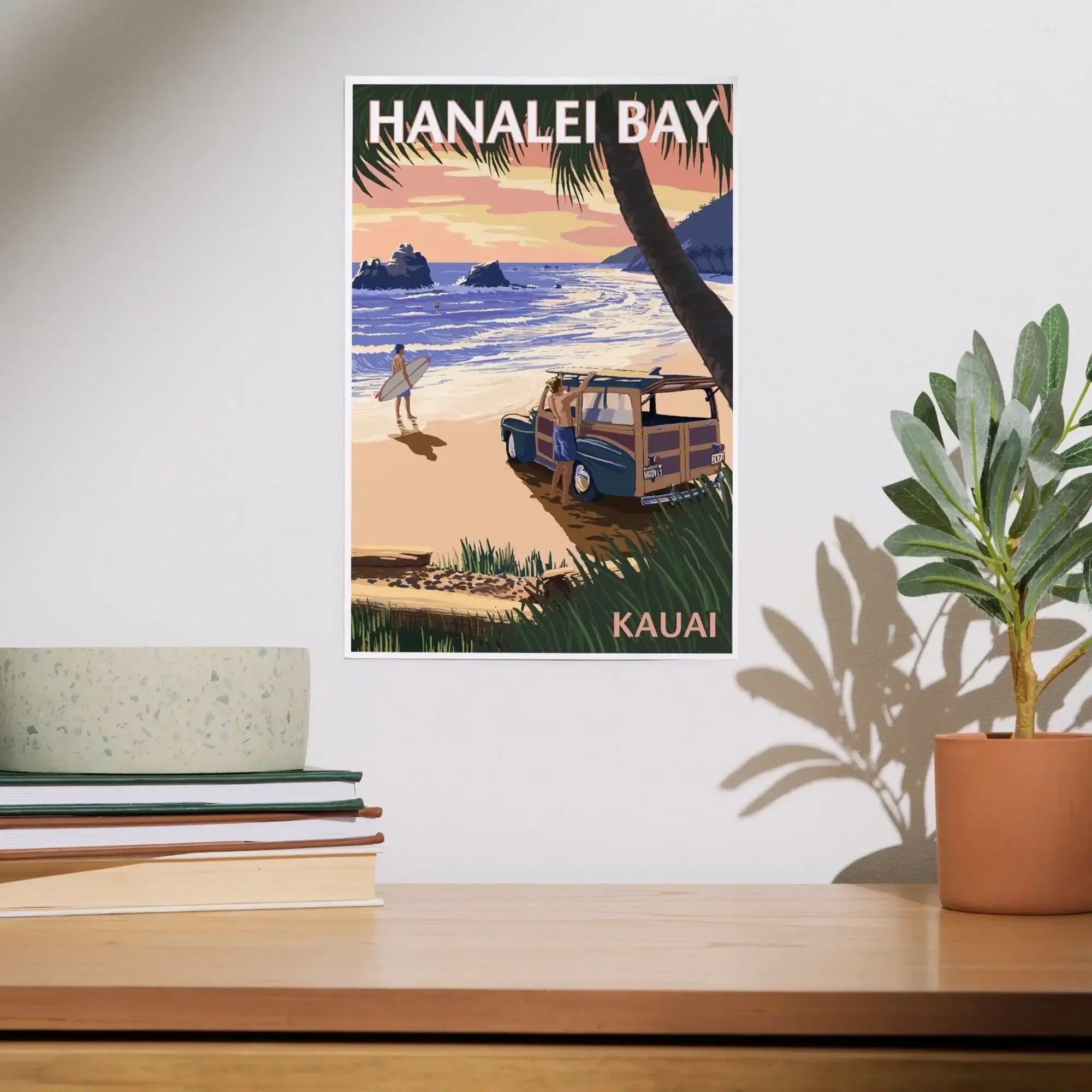 Hanalei Bay, Kauai, Hawaii, Woody on Beach art prints, metal signs