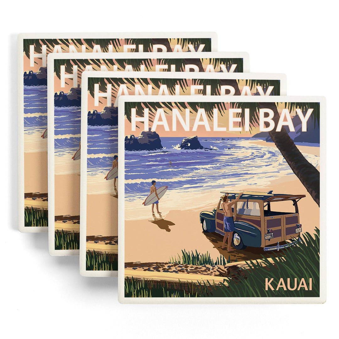 Hanalei Bay, Kauai, Hawaii, Woody on Beach, Lantern Press Artwork, Coaster Set - Lantern Press