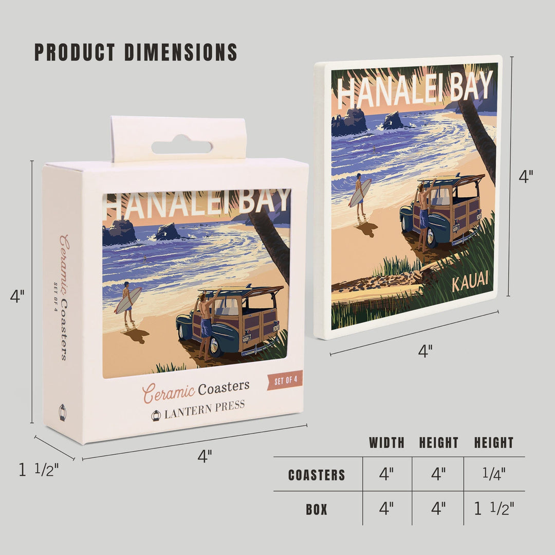 Hanalei Bay, Kauai, Hawaii, Woody on Beach, Lantern Press Artwork, Coaster Set - Lantern Press