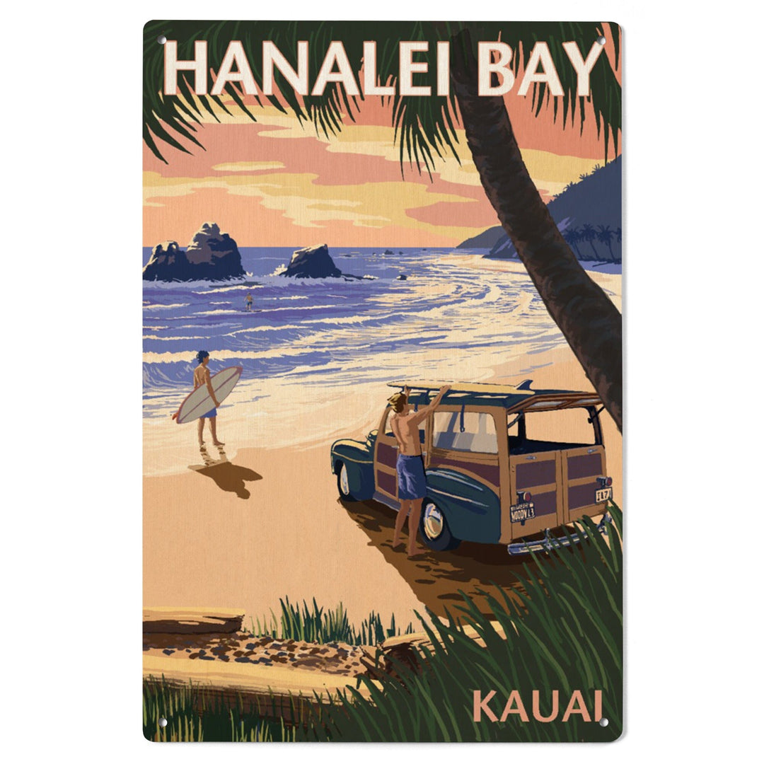 Hanalei Bay, Kauai, Hawaii, Woody on Beach, Lantern Press Artwork, Wood Signs and Postcards Wood Lantern Press 