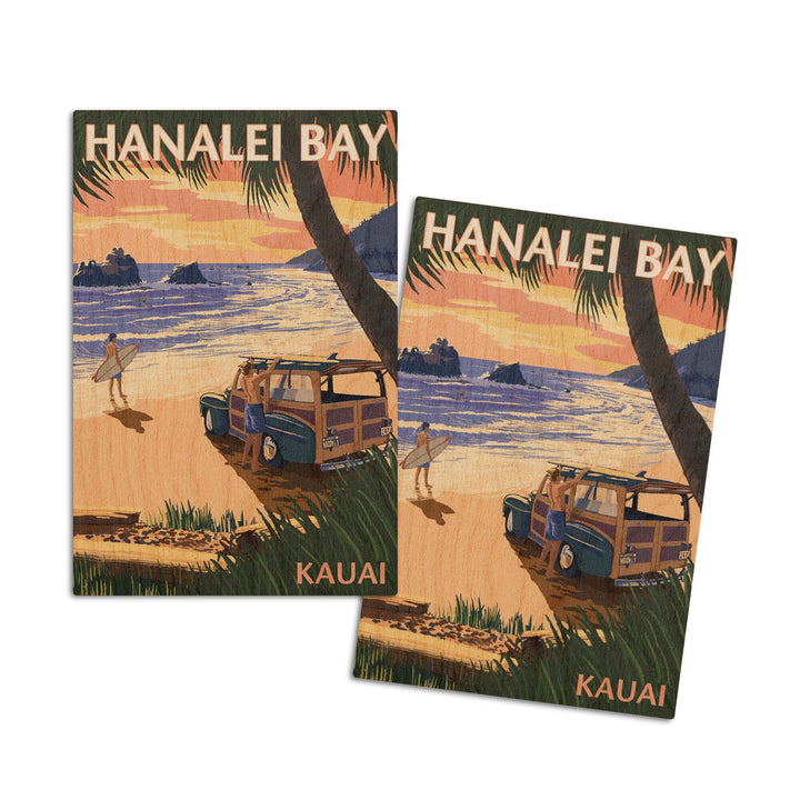 Hanalei Bay, Kauai, Hawaii, Woody on Beach, Lantern Press Artwork, Wood Signs and Postcards Wood Lantern Press 4x6 Wood Postcard Set 
