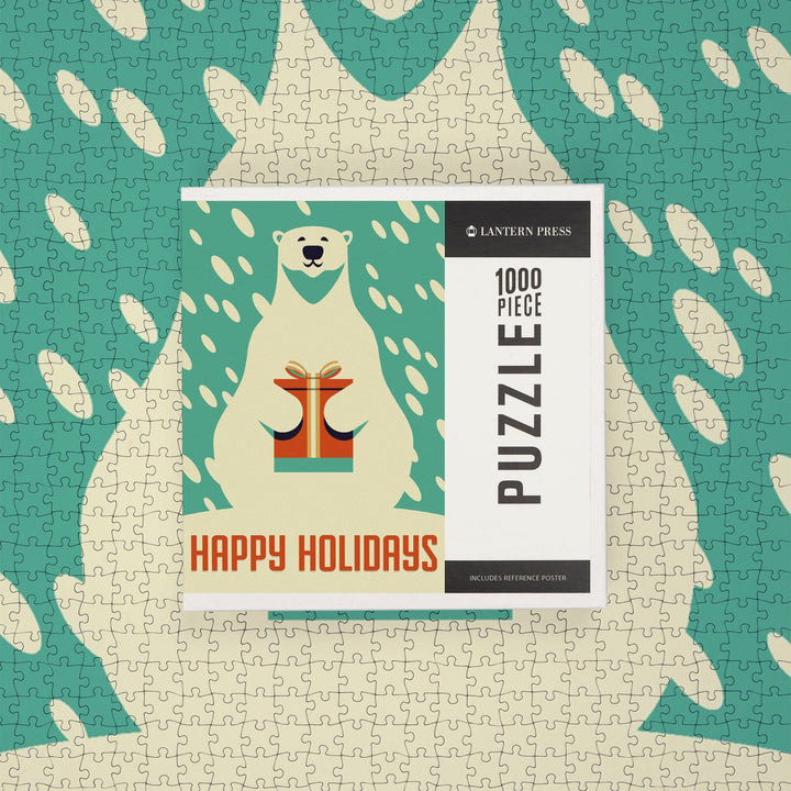 Happy Holidays, Polar Bear, Retro Christmas, Jigsaw Puzzle Puzzle Lantern Press 
