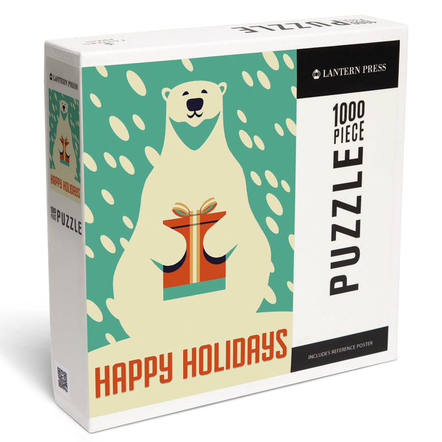 Happy Holidays, Polar Bear, Retro Christmas, Jigsaw Puzzle Puzzle Lantern Press 