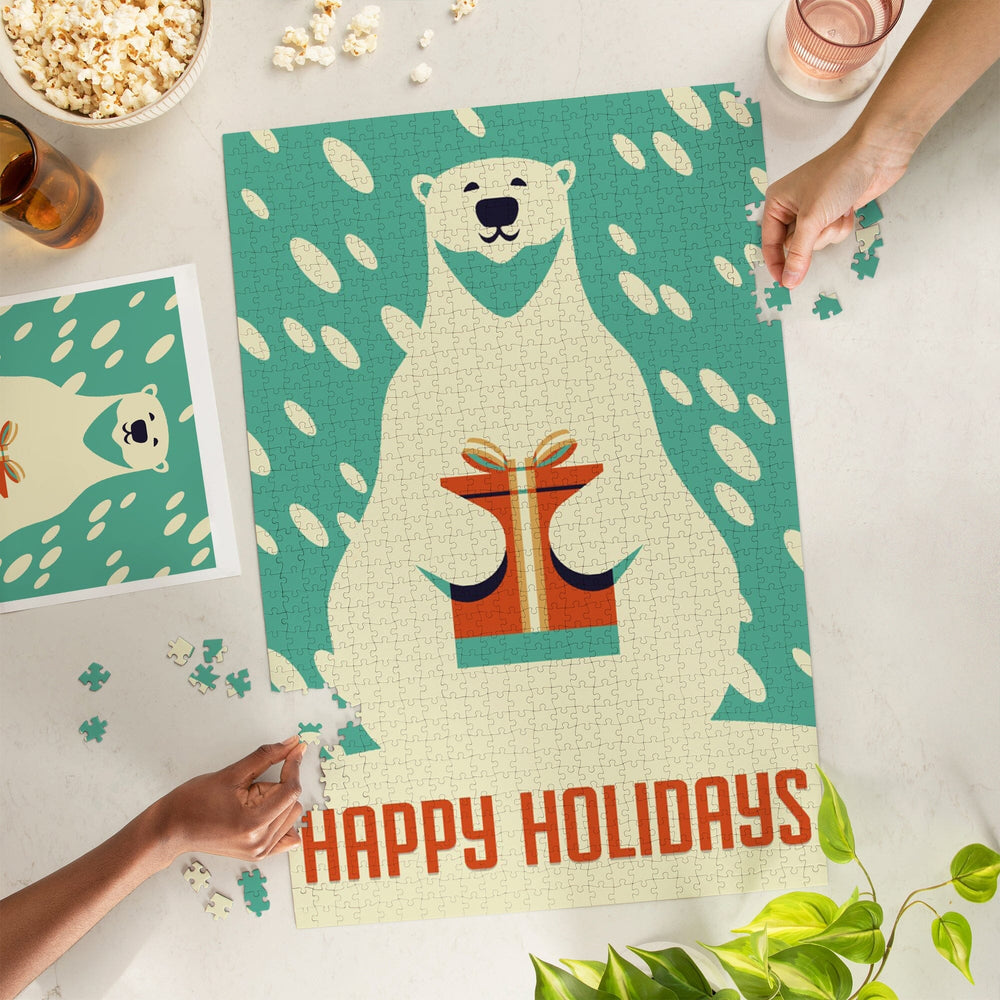 Happy Holidays, Polar Bear, Retro Christmas, Jigsaw Puzzle Puzzle Lantern Press 