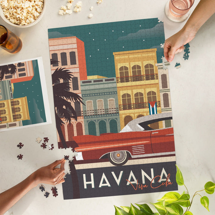 Havana, Cuba, Buildings and Vintage Car, Vector, Jigsaw Puzzle Puzzle Lantern Press 