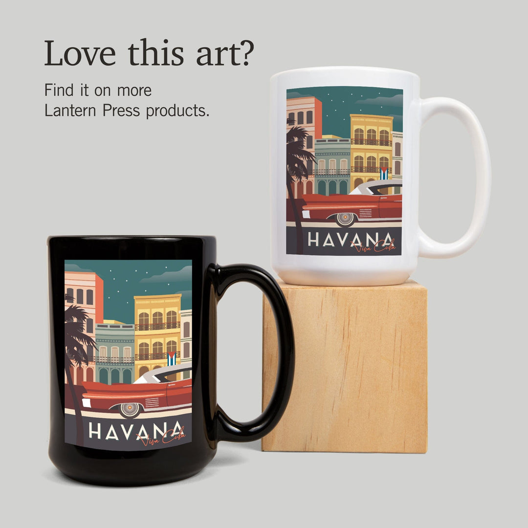 Havana, Cuba, Buildings & Vintage Car, Vector, Lantern Press Artwork, Ceramic Mug Mugs Lantern Press 