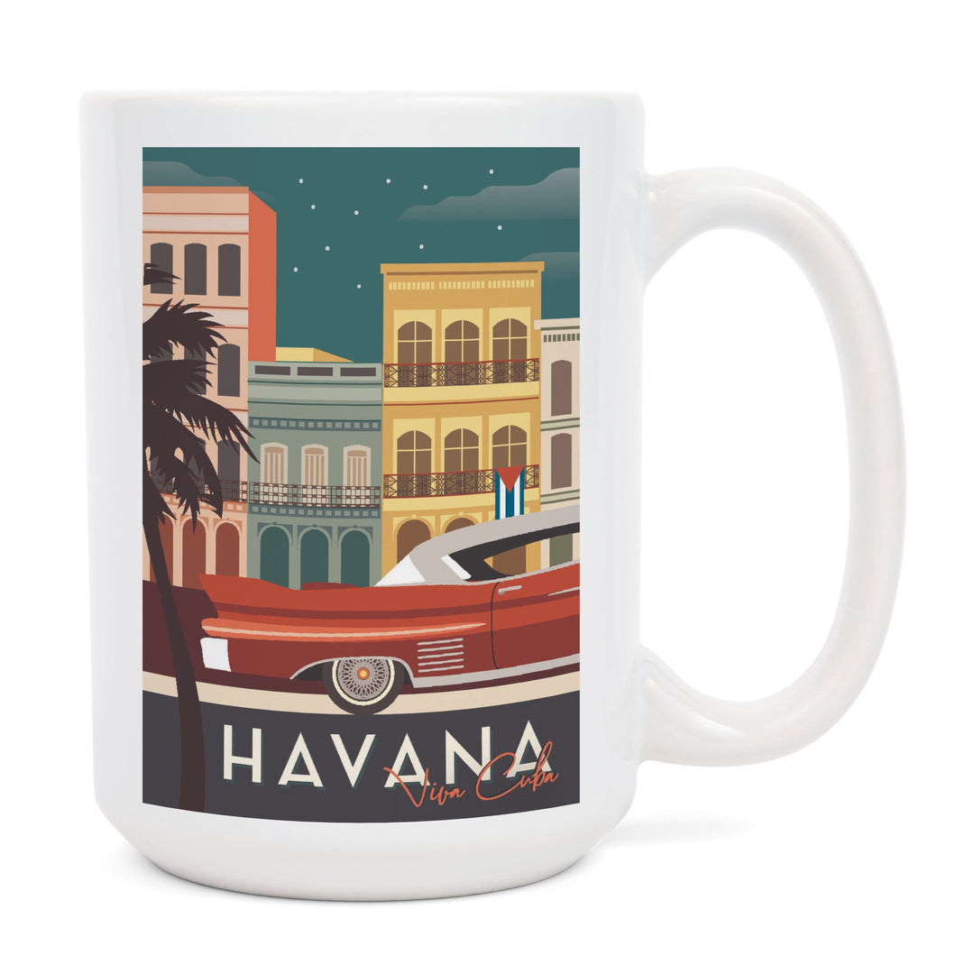 Havana, Cuba, Buildings & Vintage Car, Vector, Lantern Press Artwork, Ceramic Mug Mugs Lantern Press 