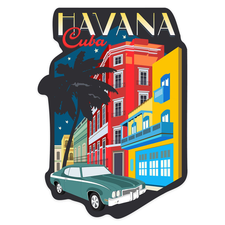 Havana, Cuba, Nighttime and Colorful Buildings, Vector, Contour, Lantern Press Artwork, Vinyl Sticker Sticker Lantern Press 