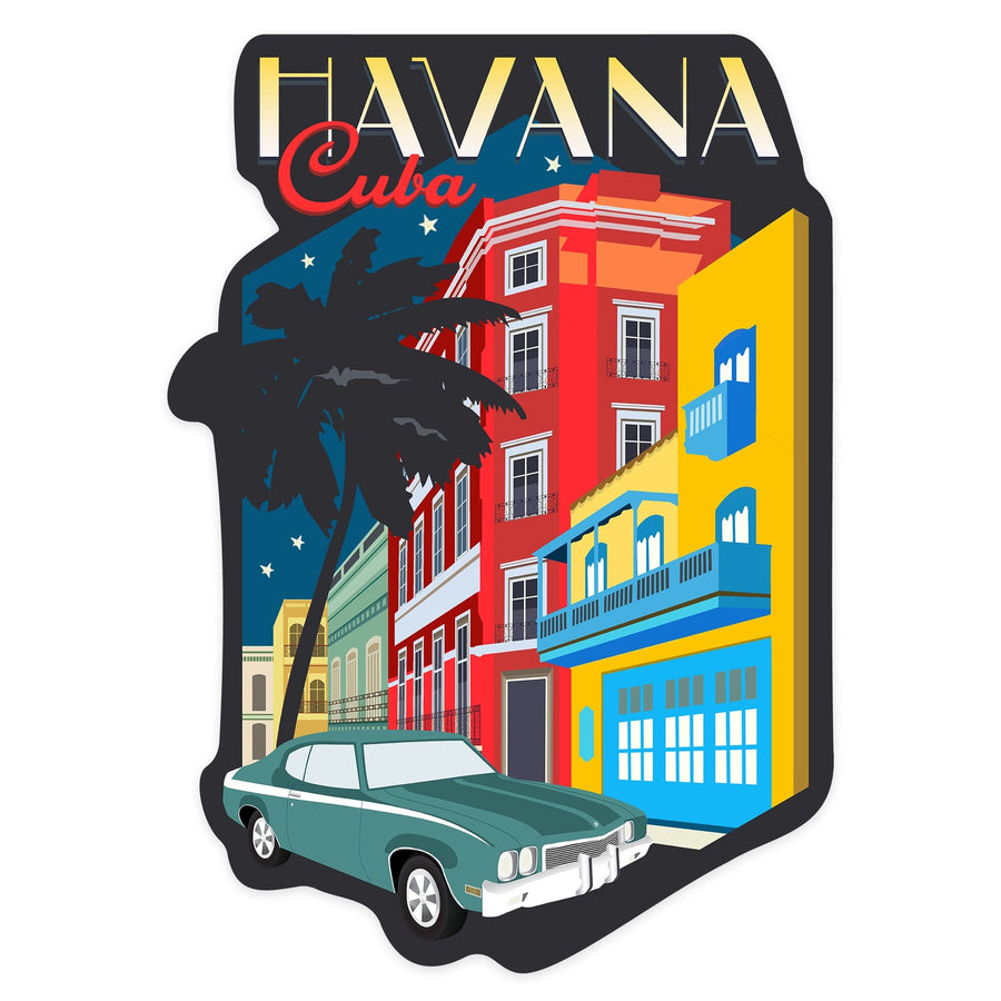 Havana, Cuba, Nighttime and Colorful Buildings, Vector, Contour, Lantern Press Artwork, Vinyl Sticker Sticker Lantern Press 