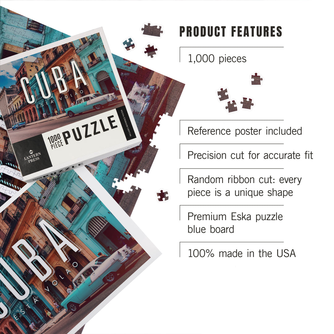 Havana, Cuba, Vintage Car and Buildings, Jigsaw Puzzle Puzzle Lantern Press 
