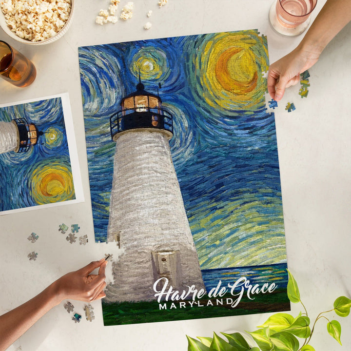 Havre De Grace, Maryland, Lighthouse, Starry Night, Jigsaw Puzzle Puzzle Lantern Press 