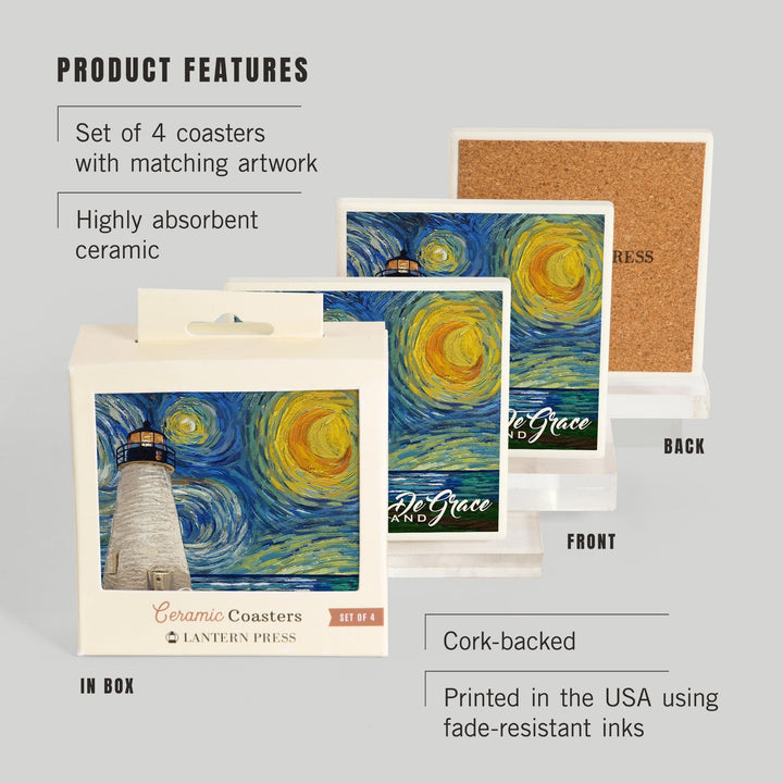 Havre De Grace, Maryland, Lighthouse, Starry Night, Lantern Press Artwork, Coaster Set - Lantern Press