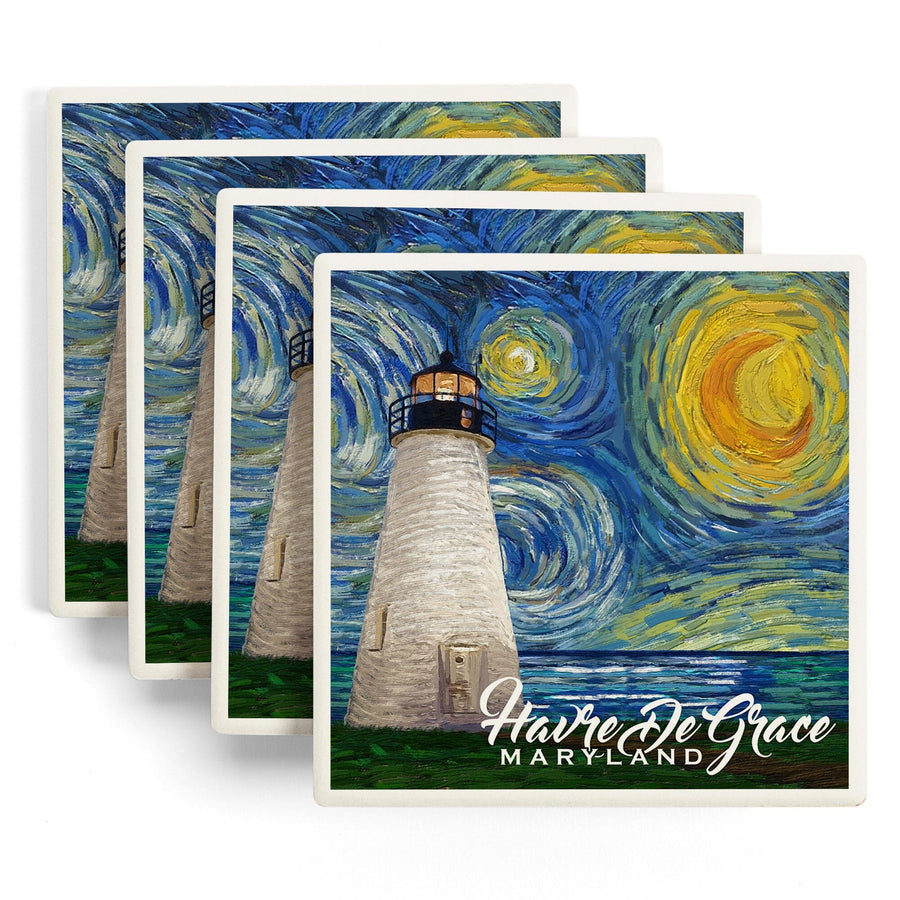 Havre De Grace, Maryland, Lighthouse, Starry Night, Lantern Press Artwork, Coaster Set - Lantern Press