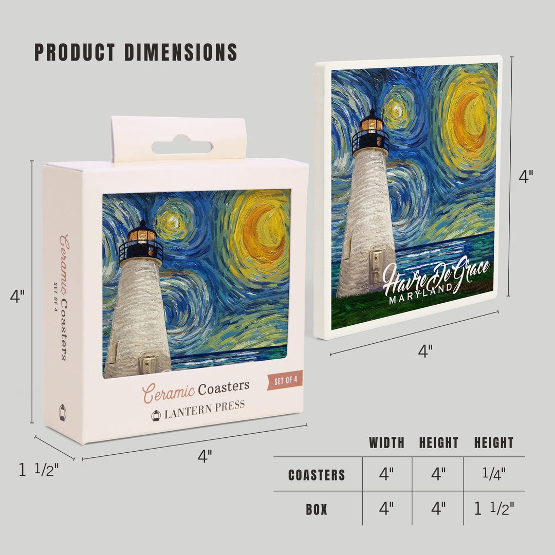 Havre De Grace, Maryland, Lighthouse, Starry Night, Lantern Press Artwork, Coaster Set - Lantern Press