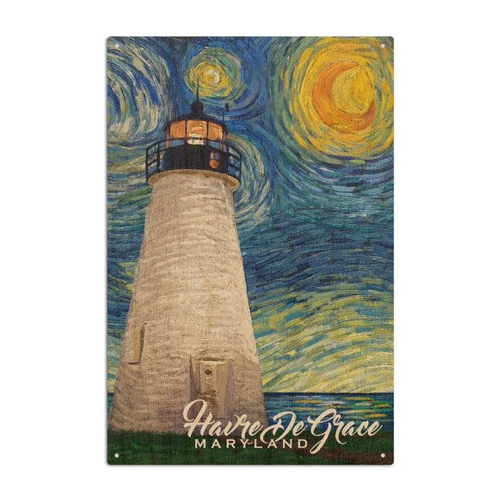 Havre De Grace, Maryland, Lighthouse, Starry Night, Lantern Press Artwork, Wood Signs and Postcards Wood Lantern Press 10 x 15 Wood Sign 