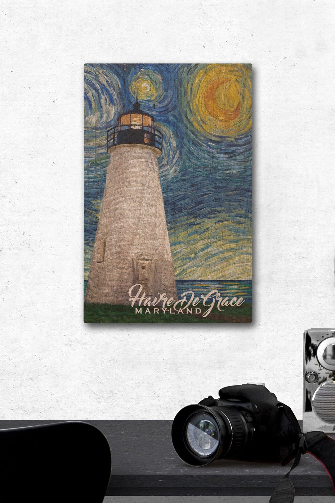 Havre De Grace, Maryland, Lighthouse, Starry Night, Lantern Press Artwork, Wood Signs and Postcards Wood Lantern Press 12 x 18 Wood Gallery Print 