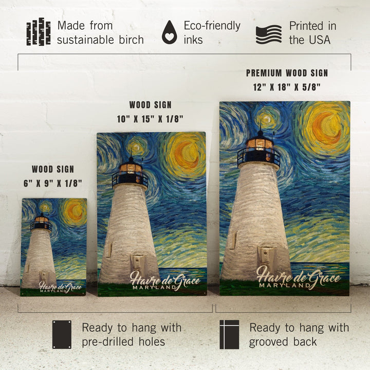 Havre De Grace, Maryland, Lighthouse, Starry Night, Lantern Press Artwork, Wood Signs and Postcards Wood Lantern Press 