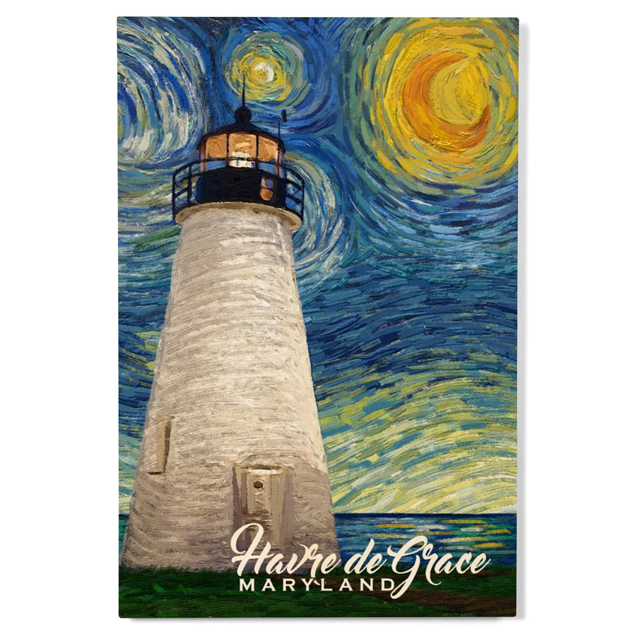 Havre De Grace, Maryland, Lighthouse, Starry Night, Lantern Press Artwork, Wood Signs and Postcards Wood Lantern Press 
