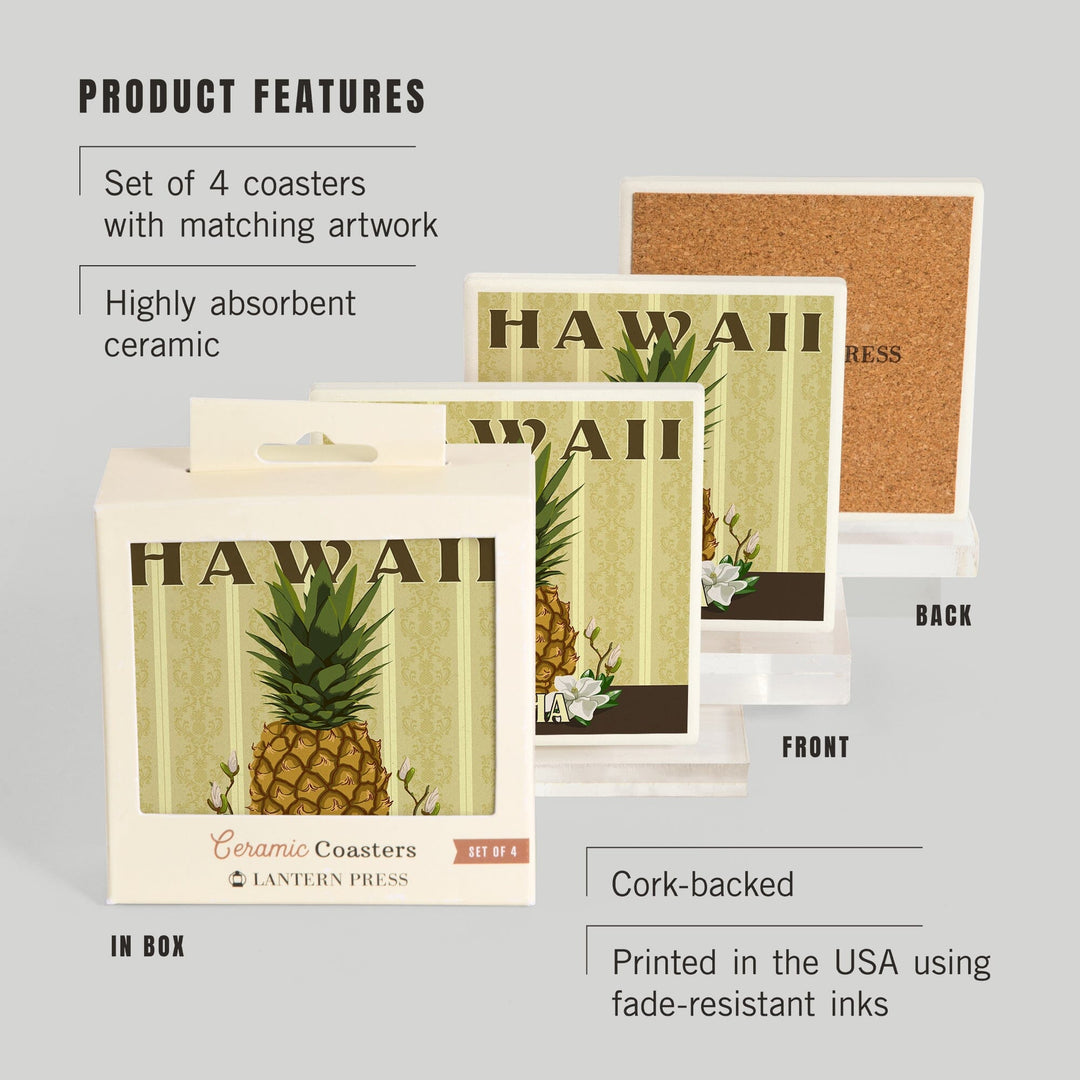 Hawaii, Aloha, Colonial Pineapple, Lantern Press Artwork, Coaster Set - Lantern Press