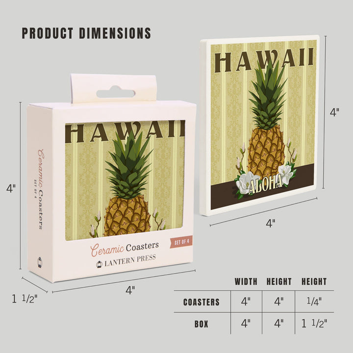 Hawaii, Aloha, Colonial Pineapple, Lantern Press Artwork, Coaster Set - Lantern Press